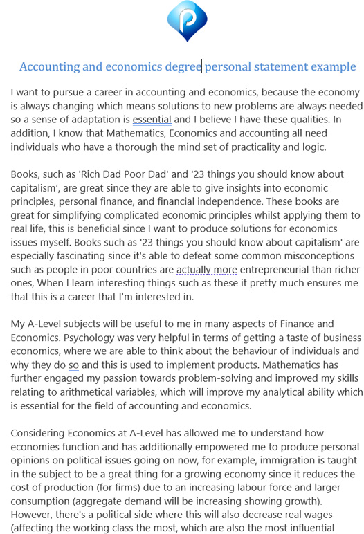 Accounting and economics degree personal statement example - preview