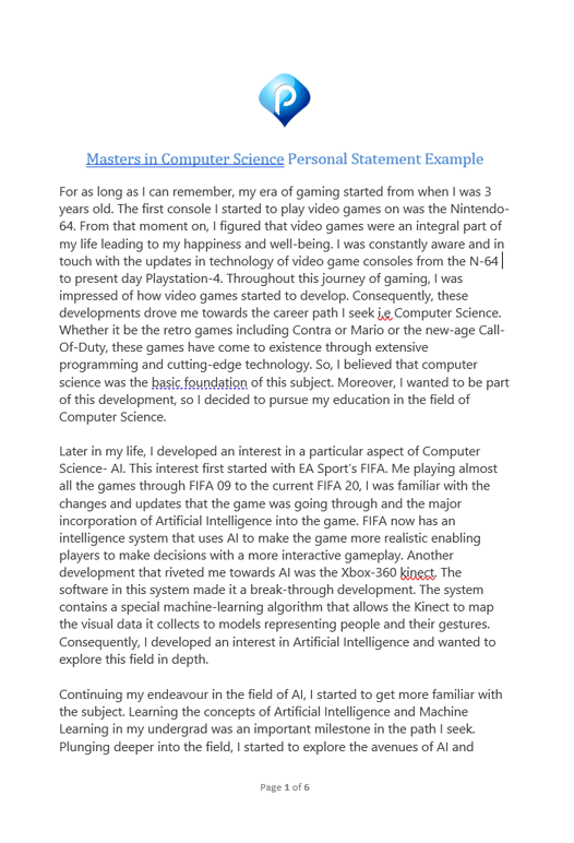 Masters in Computer Science Personal Statement Example (page one)