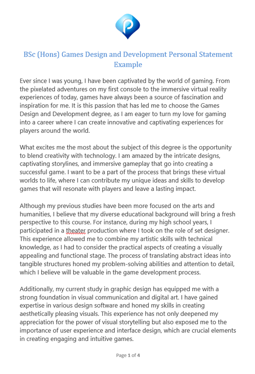 Personal statement for games design and development BSc (Hons) Degree application - page 1